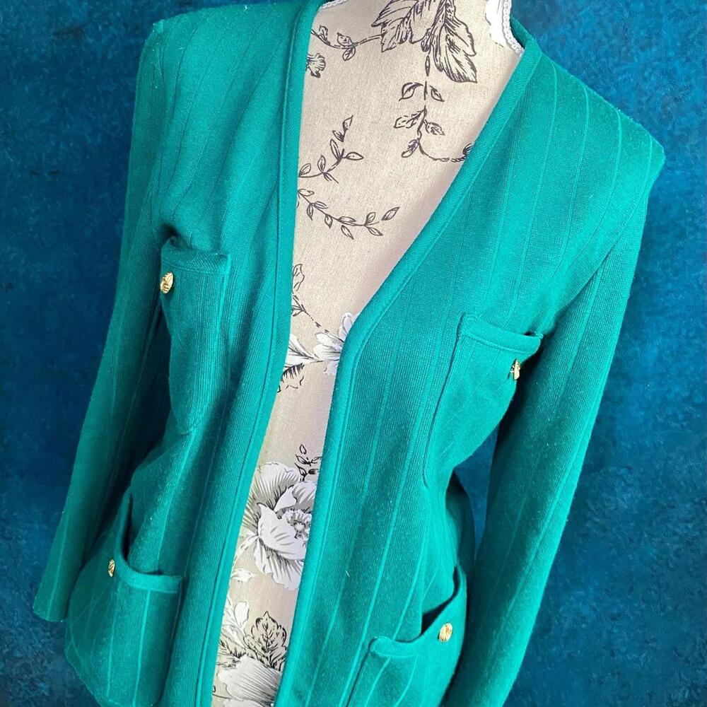 Vintage Suburban Petites Open Front Teal Cardigan Pockets Coastal Grandmother